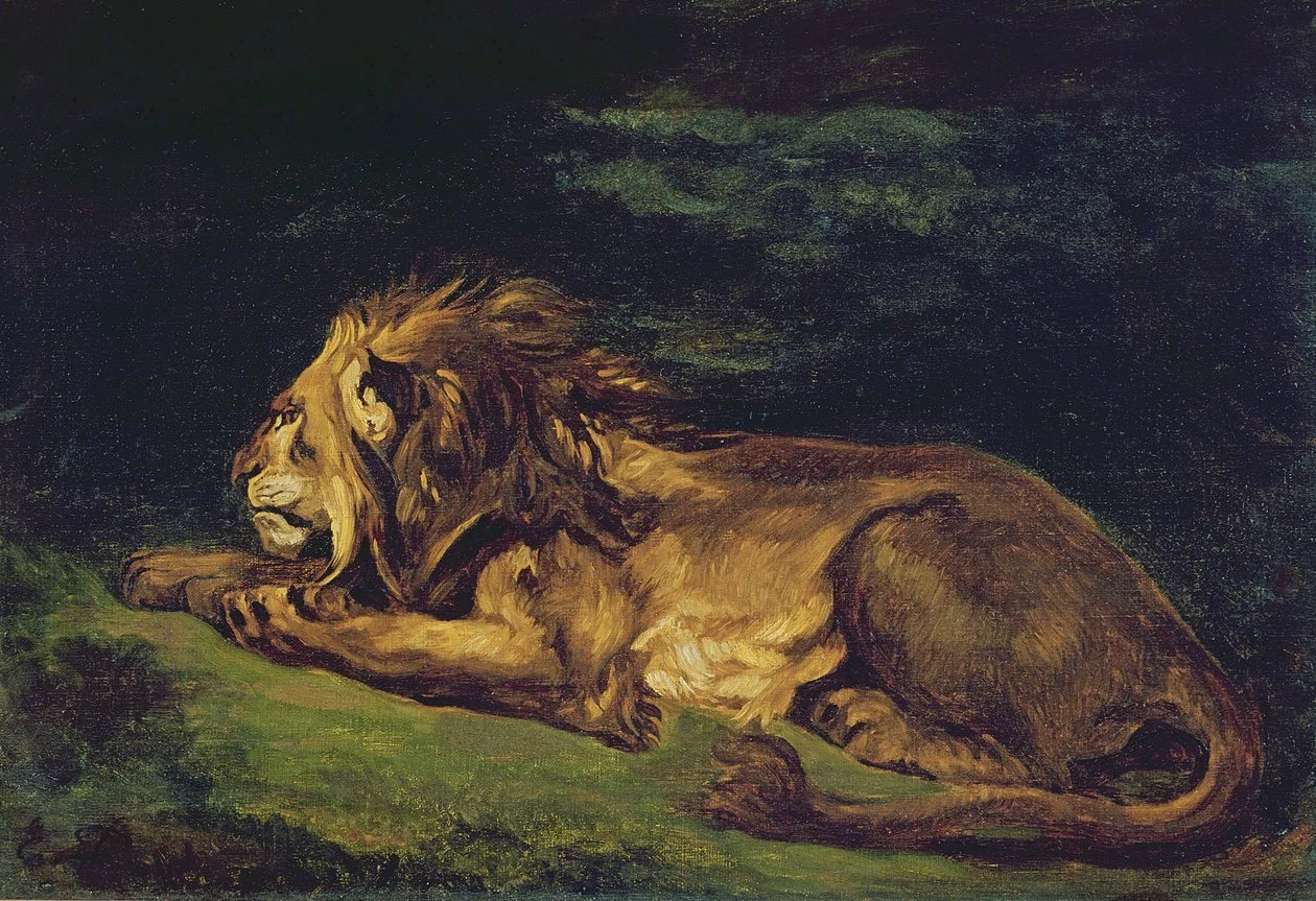 Lion couché, peinture romantique