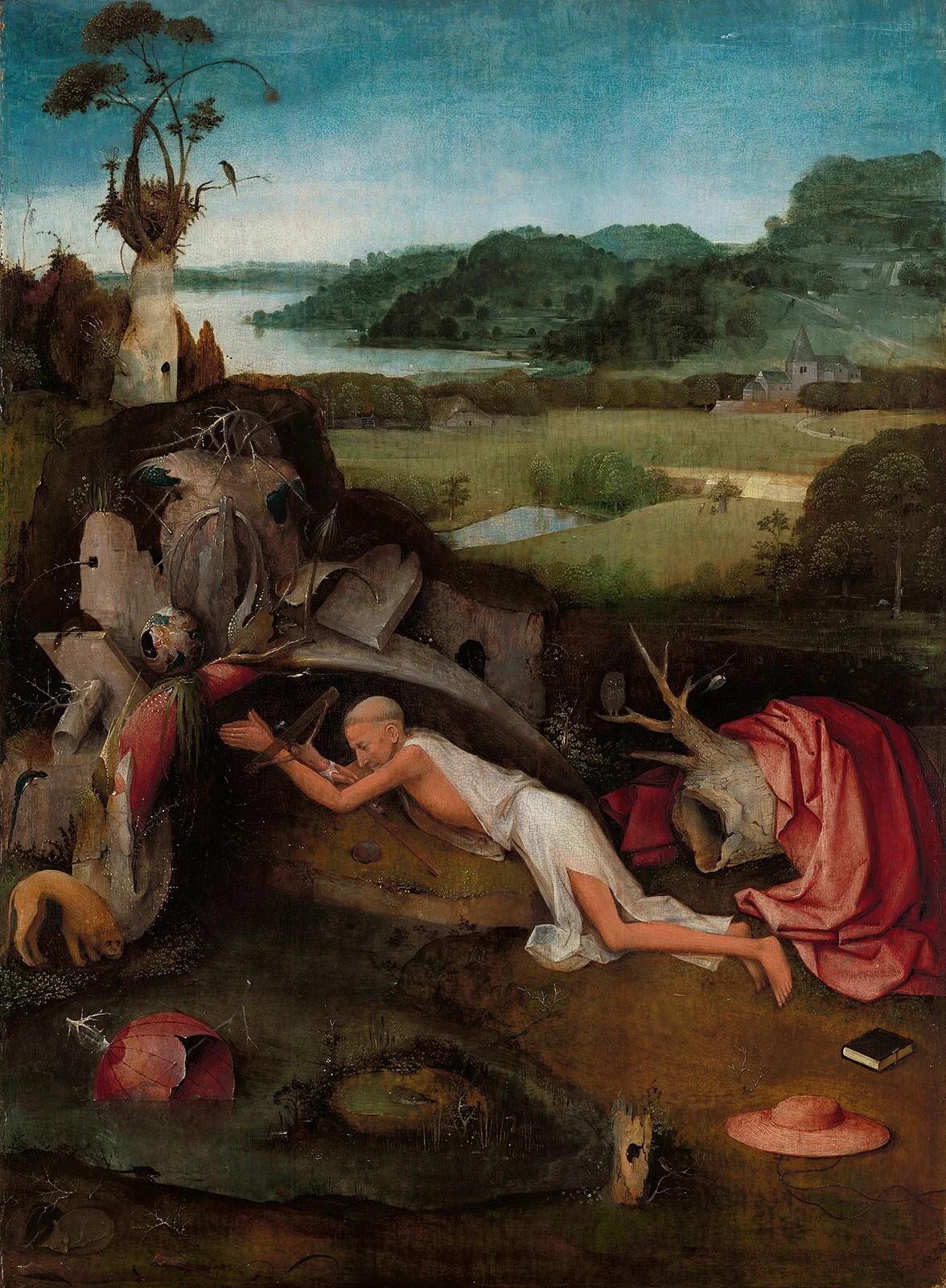 Ermite en prière dans un paysage rocheux, peinture flamande