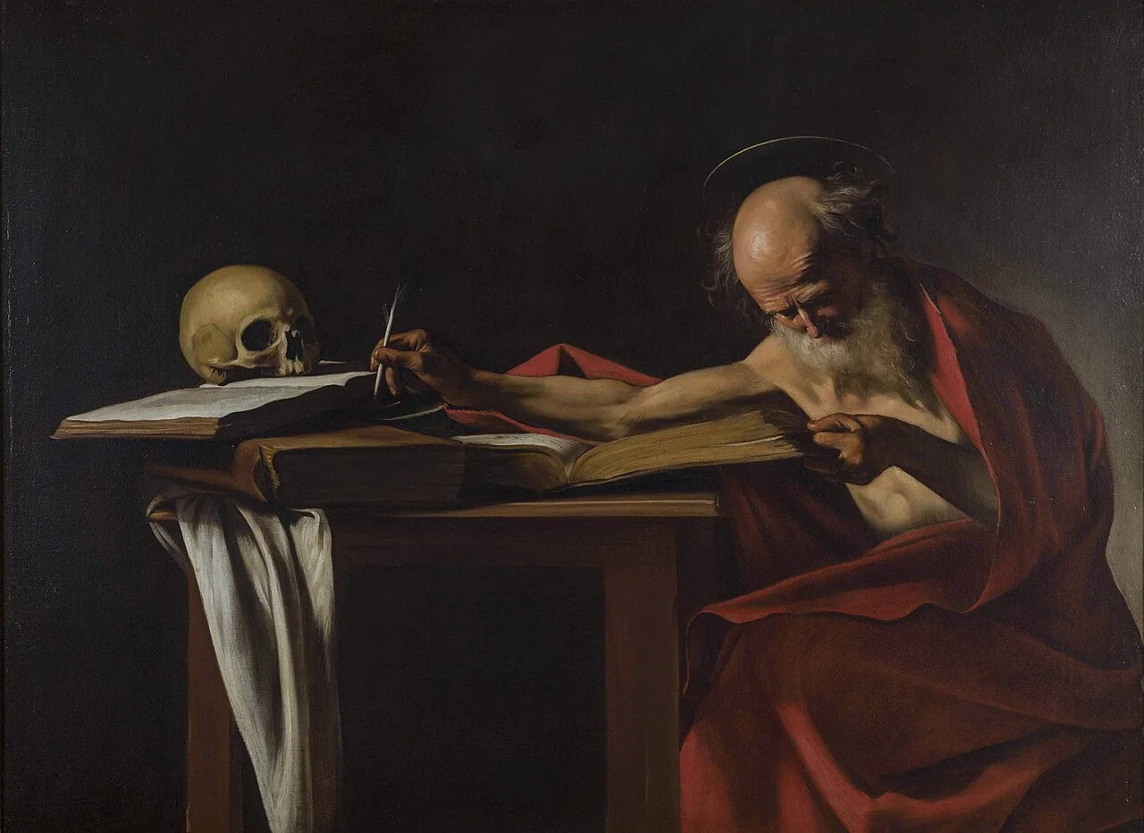 Ermite âgé écrivant à la chandelle, peinture baroque