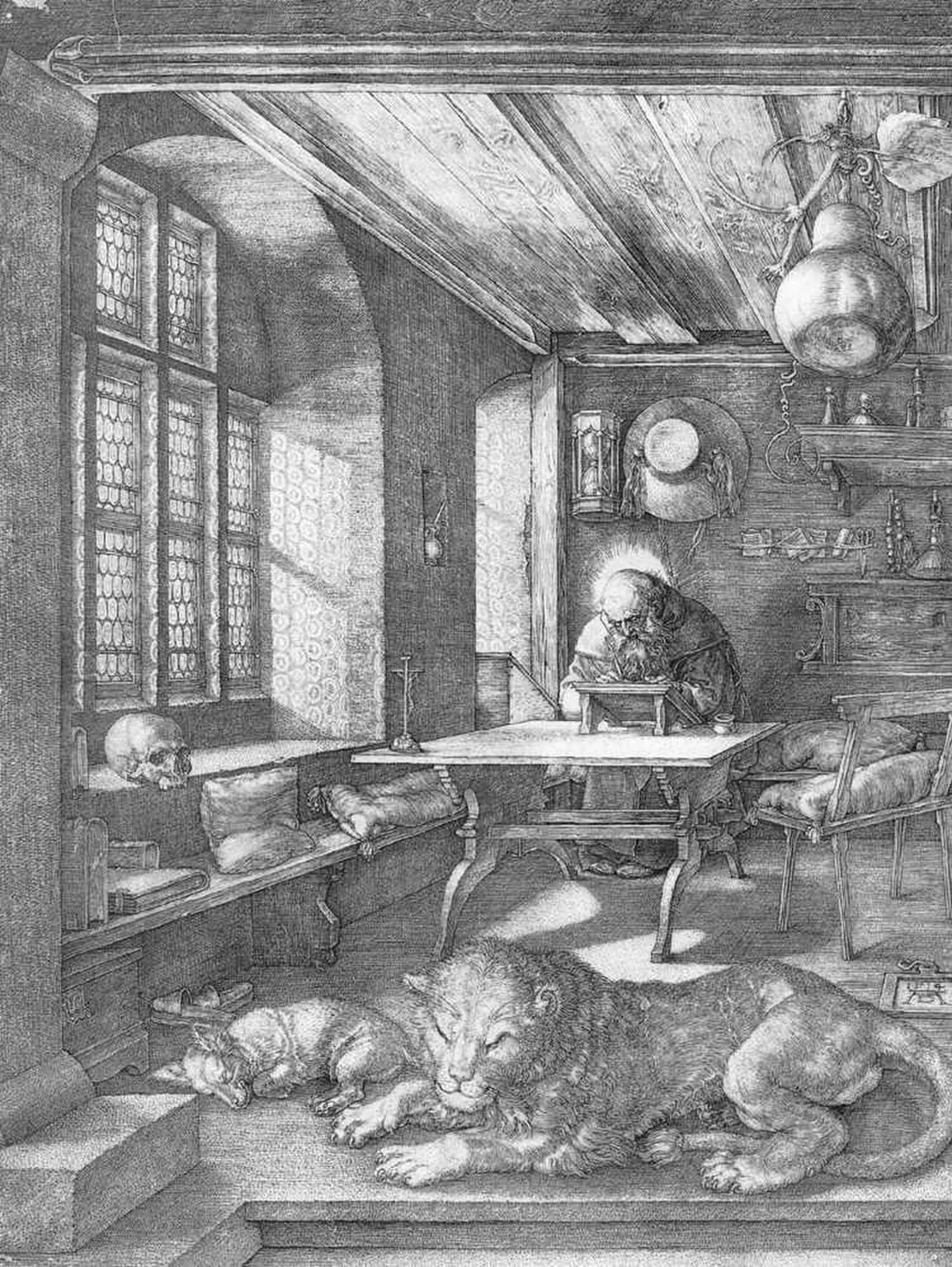 Ermite écrivant dans son cabinet, lion endormi à ses pieds, gravure au burin