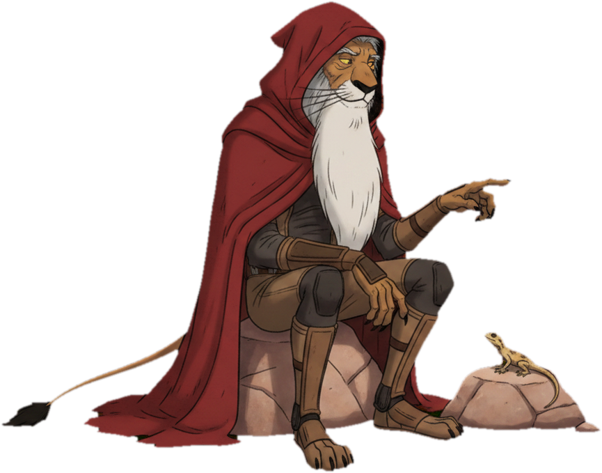 Caspar assis sur un rocher, en cape rouge à capuche, observant un petit lézard posé sur une pierre à côté de lui