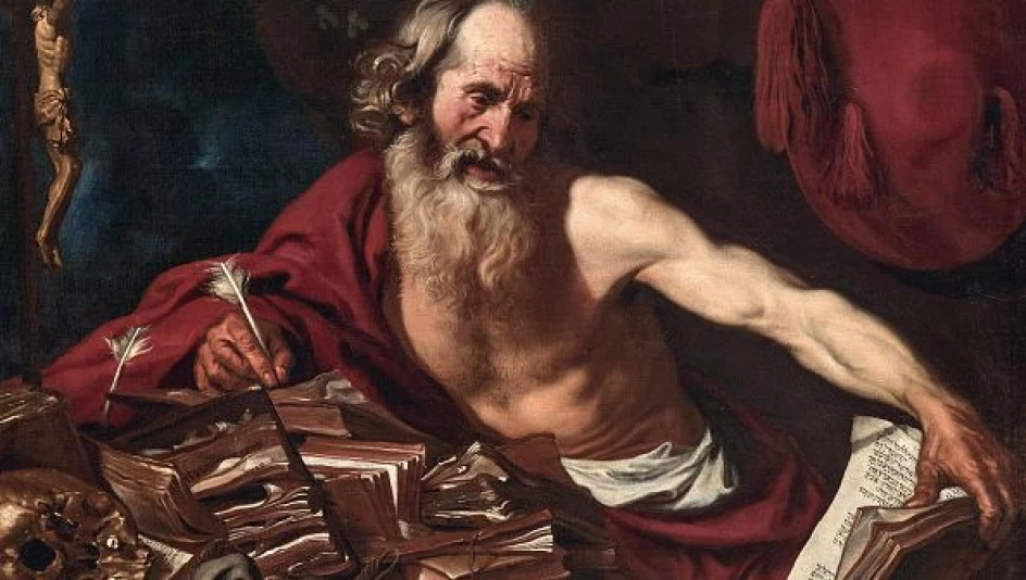 Saint Jérôme par Guercino, drapé rouge et concentration sur l'écriture