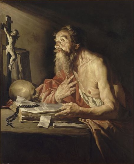 Saint Jérôme par Matthias Stom, clair-obscur baroque sur fond sombre