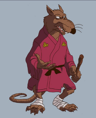Maître Splinter, le vrai personnage des Tortues Ninja, rat moine en kimono rouge avec ceinture noire et bâton